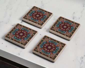 Colorful Ornament Tile Stone Coaster Set, Carpet Design Wood Coasters, Moroccan Tile, Rug Design, Arabian Ornamental Design, Persian Tile