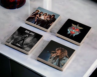 Bon Jovi Stone Coasters, Bon Jovi Band Wood Coaster, Rock Band Music Coaster, Presente para amantes da música, Bon Jovi Fan Art, Bon Jovi Slippery When Wet
