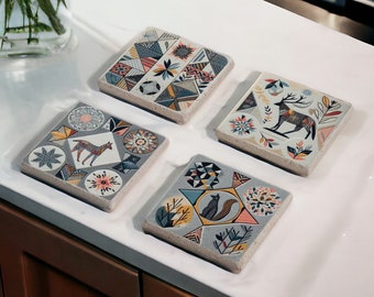 Tile Stone Coasters, Mexican Talavera Tile Wood Coasters, Moroccan Tile, Tile Design, Spanish Mediterranean, Tulip Art, Gift for Her