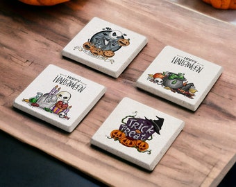 Halloween Stone Coasters Set, Halloween Pumpkin Wood Coasters, Trick or Treat Coaster Set, Halloween Gifts, Halloween Decor, Happy Halloween