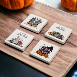 Halloween Stone Coasters Set, Halloween Pumpkin Wood Coasters, Trick or Treat Coaster Set, Halloween Gifts, Halloween Decor, Happy Halloween