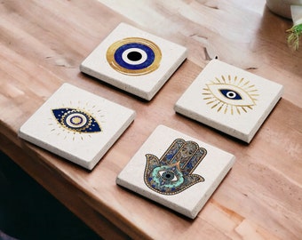 Mano di Fatima, Sottobicchieri di pietra della mano di Hamsa, Set di sottobicchieri dell'occhio malvagio, Piastrella decorativa, Occhio che tutto vede, Sottobicchieri della buona fortuna, Regalo per lei