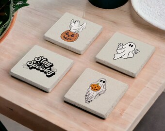 Spooky Ghost Stone Coasters Set, Pumpkin Wood Coasters, Halloween Coaster Set, Halloween Gifts, Ghost Coasters, Spooky Gift, Ghostly Decor
