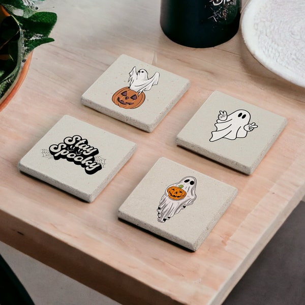 Zestaw podstawek Spooky Ghost Stone, podstawki z drewna dyniowego, zestaw podstawek Halloween, prezenty na Halloween, podstawki Ghost, upiorny prezent, upiorny wystrój