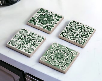 Green Tile Stone Coasters, Mexican Talavera Tile Wood Coasters, Moroccan Tile, Tile Design, Spanish Mediterranean, Tulip Art, Gift for Her