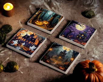 Halloween Stone Coasters Set, Halloween Pumpkin Coasters, Halloween Wood Coaster, Halloween Gifts, Halloween Decor Coaster, Spooky Coasters