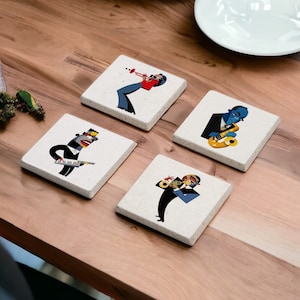 Musician Art Stone Coasters Set, Music Instrument Wood Coasters, Clarinet Coasters, Guitar Coasters, Music Illustration, Minimalist Gifts