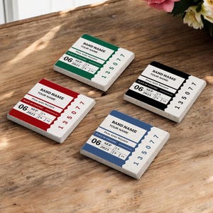 Kundenspezifisches Ticket-Stein-Untersetzer-Set, personalisierte Ereigniskarten-Untersetzer, personalisiertes Geschenk, kundenspezifische Konzertkarten, Souvenir-Karten-Untersetzer