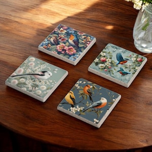 Birds with Flowers Stone Coasters, Birds Coaster Set, Flowers Coasters, Colorful Birds with Floral, Colorful Birds Decor, Gift for Her
