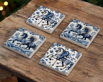 Blue Horse with Stone Coasters, Blue Tile Coaster Set, Blue Horse Coasters, Moroccan Tile, Mexican Talavera Tile and Decor, Gift for Her