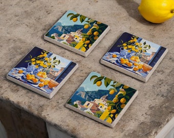 Lemon Blossom Stone Coaster, Watercolor Lemon Coaster Set, Lemon Floral Tile, Italia Positano, Floral Tile Coaster, Lemon Tree, Gift for Her