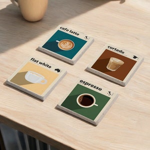Retro Coffee Stone Coasters, Cafe Latte Coaster, Espresso Coasters, Flat White Coaster, Cortado Coaster, Coffee Decor, Retro Bar Decor