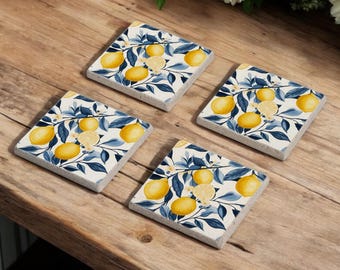 Lemon Blossom Stone Coasters, Watercolor Lemon Coaster Set, Lemon Floral Tile, Lemon Flower, Floral Tile Coaster, Lemon Tree, Gift for Her