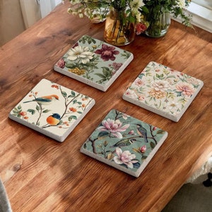 Flowers and Birds Stone Coasters, Birds Coaster Set, Flowers Coasters, Colorful Birds with Floral, Floral Coasters and Decor, Gift for Her