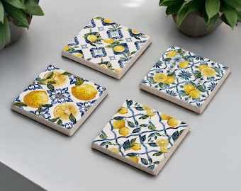 Mediterrane Zitronenfliese, Aquarell Zitronenstein-Untersetzer, Zitronenblüten-Untersetzer-Set, mexikanische Talavera, spanische Majolika, italienische Keramik