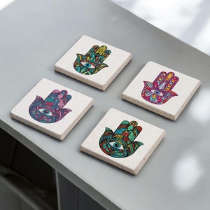 Hamsa Hand Stone Coasters, Evil Eye Coasters Set, Hand of Fatima, Decorative Amulet Tile, All Seeing Eye, Good Lucky Coasters, Gift for Her