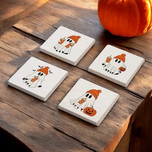 Halloween Ghost with Coffee Stone Coaster, Cute Spooky Ghost Coaster, Halloween Coaster, Spooky Coaster, Halloween Season, Halloween Decor