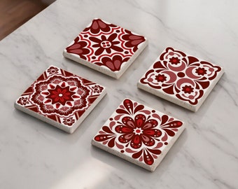 Red Tile Stone Coasters, Mexican Talavera Wood Coasters, Moroccan Tile, Tile Design, Spanish Mediterranean, Portuguese Azulejo, Gift for Her