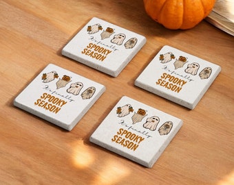 Spooky Season Stone Coaster, Halloween Spooky Coaster, Retro Spooky Season, Cute Ghost Coaster, Spooky Ghost Stone Coaster, Halloween Season