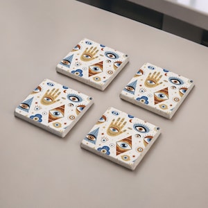 Hamsa Hand Stone Coasters, Evil Eye Coasters Set, Hand of Fatima, Decorative Tile, All Seeing Eye, Good Lucky Coasters, Gift for Her