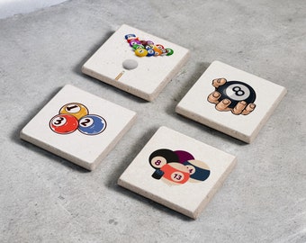 Billiards Stone Coaster Set, Pool and Billiard Cue Ball Coasters, Billiard Wood Coasters, Billiard Cue Ball Gifts, Gift for Billiards Player