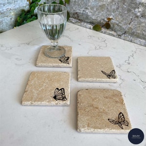 Butterfly Stone Coasters, Cork Backing Stone Coasters Set of 4, Birthday Gift, Drink Coasters, Housewarming Gift, Travertine Coasters