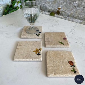 Flowers Stone Coasters, Cork Backing Stone Coasters Set of 4, Colored Flowers Coasters, Drink Coasters, Housewarming Gift, Wedding Gift