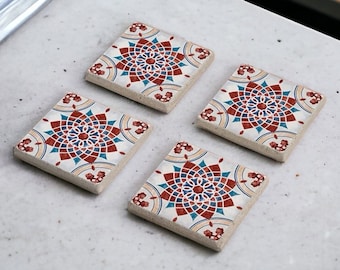 Red Blue Tile Stone Coaster Set, Mexican Talavera Tile Wood Coasters, Moroccan Tile, Tile Design, Boho Barware, Tulip Art, Gift for Her