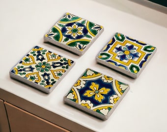 Green Tile Stone Coaster Set, Mexican Talavera Tile Wood Coaster, Moroccan Tile, Tile Design, Yellow Tile, Italian Pottery, Spanish Majolica