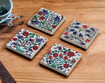 Dianthus Stone Coasters, Carnation Wood Coasters, Flower Coasters, Blue Tile, Drink Coasters, Mexican Talavera, Moroccan Tile, Tile Design