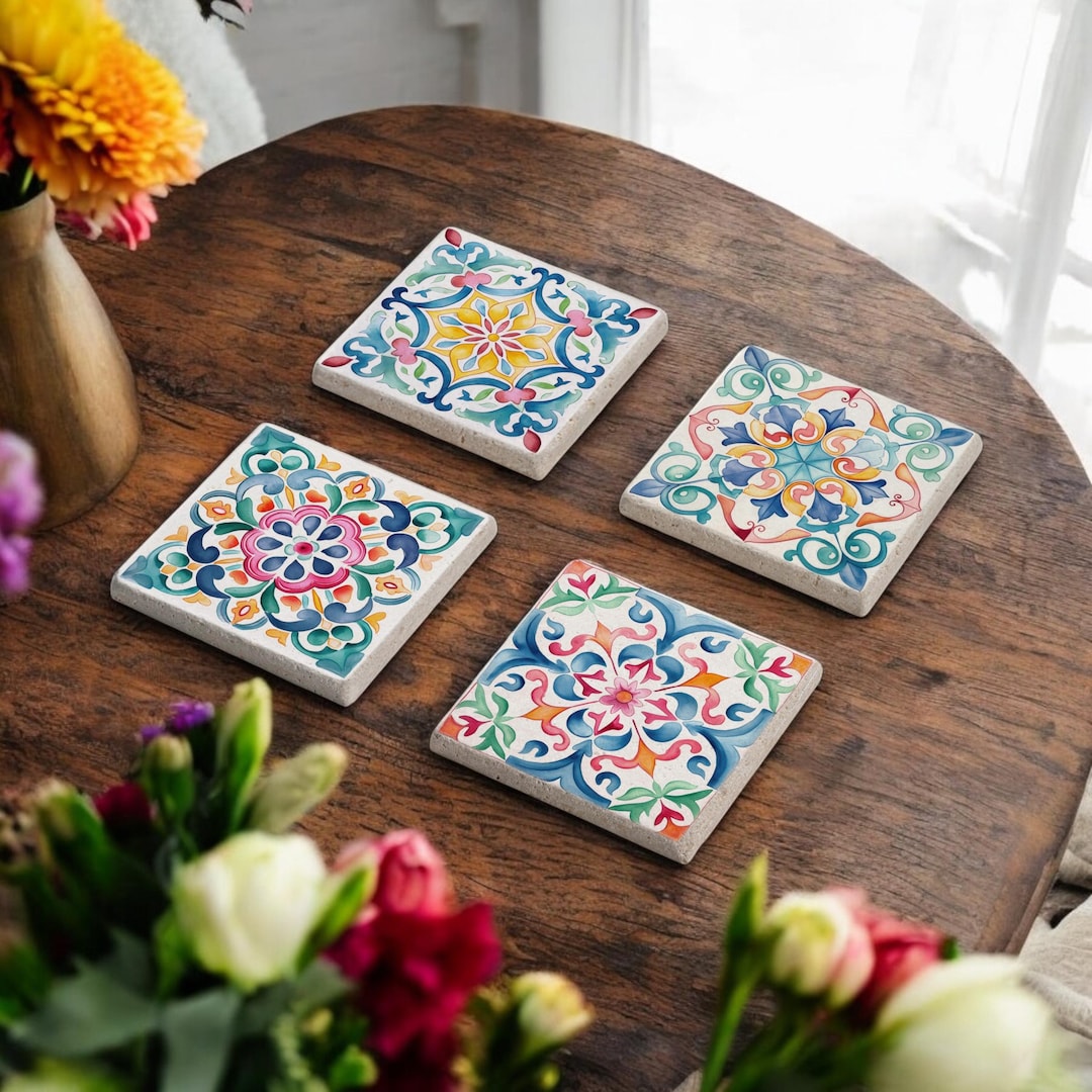 Vintage Tile Stone Coaster Set, Blue Tile Coasters, Mexican Talavera ...