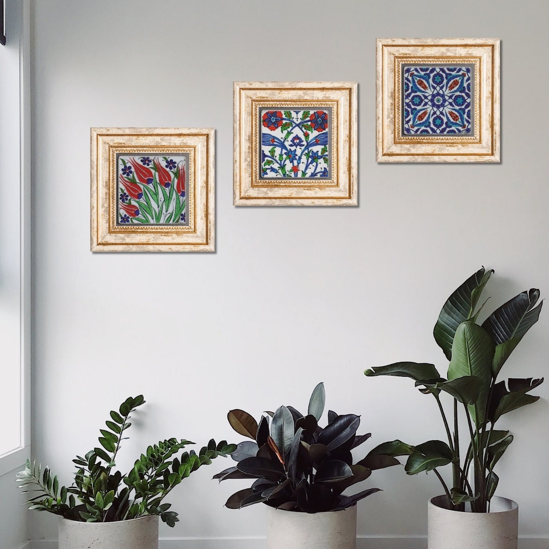 Blue Tile Wall Art, Set of Mexican Talavera Tiles Wall Hanging, Tile