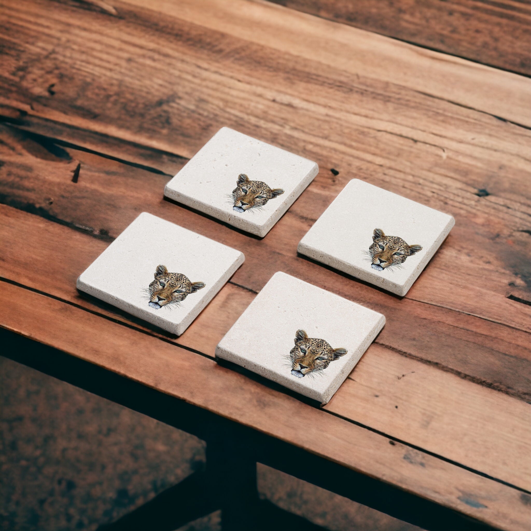 Posavasos de piedra de cara de leopardo, posavasos de animales de safari conjunto de 4, arte de leopardo, decoración de leopardo, posavasos de tigre, regalo de inauguración de la casa, regalo para mamá