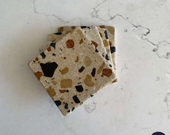 Terrazzo Stone Coasters, Cork Backing Travertine Coasters Set of 4, Bathroom Drain Cover, Gift for Mom, Housewarming Gift, Home Decor