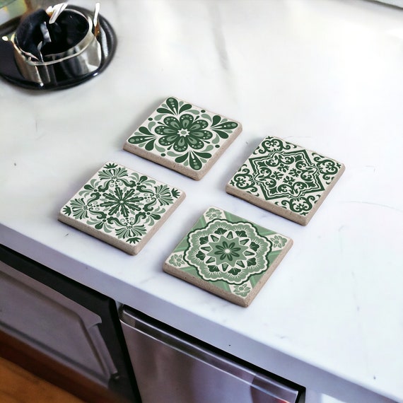 Green Tile Stone Coasters, Mexican Talavera Tile Wood Coasters, Moroccan Tile, Tile Design, Spanish Mediterranean, Tulip Art, Gift for Her