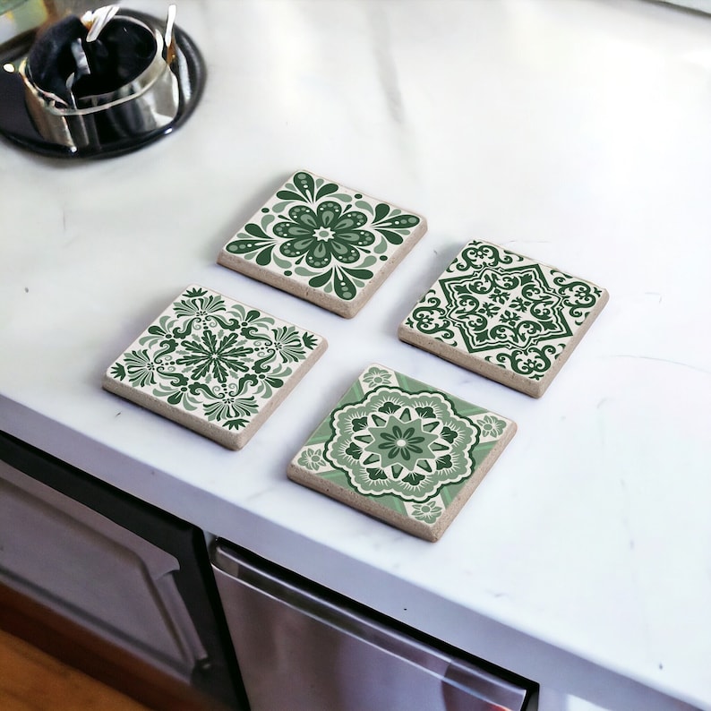 Green Tile Stone and Wood Coasters Set
