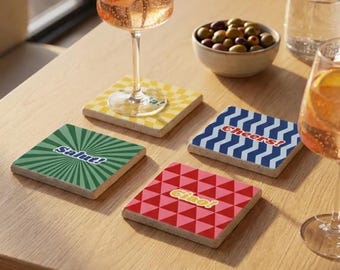 Salut and Cheers Stone Coasters, Pop Art Stone Coasters, Hola and Ciao Coasters, Colorful Coaster, Gift for Mom, Gift for Her, Home Decor