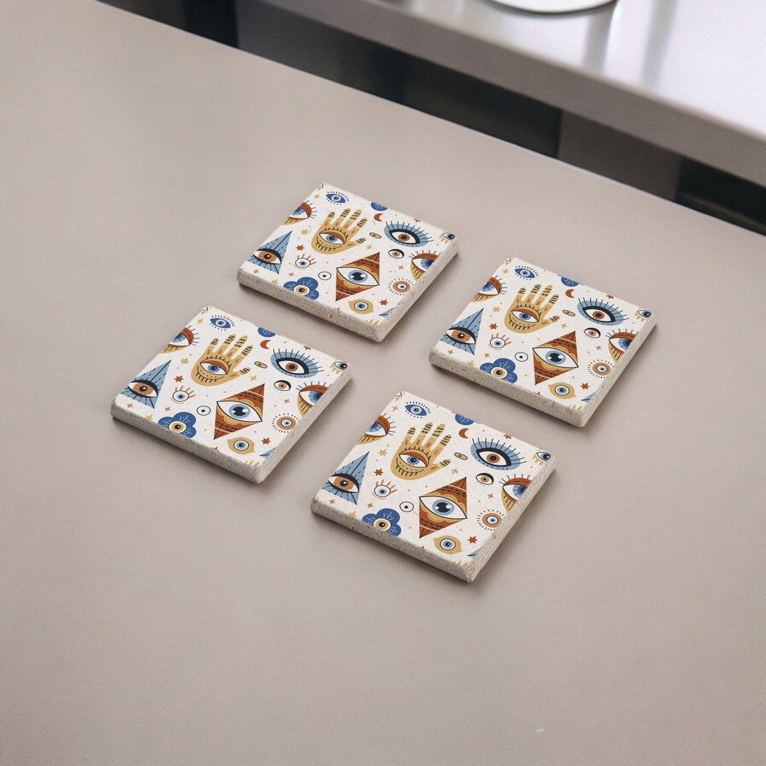 Hamsa Hand Stone Coasters, Evil Eye Coasters Set, Hand of Fatima ...