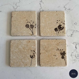 Summer Wildflower Coasters, Dandelion Cork Backing Stone Coasters Set of 4, Spring Flower Coasters, Drink Coasters, Mothers Day Gift