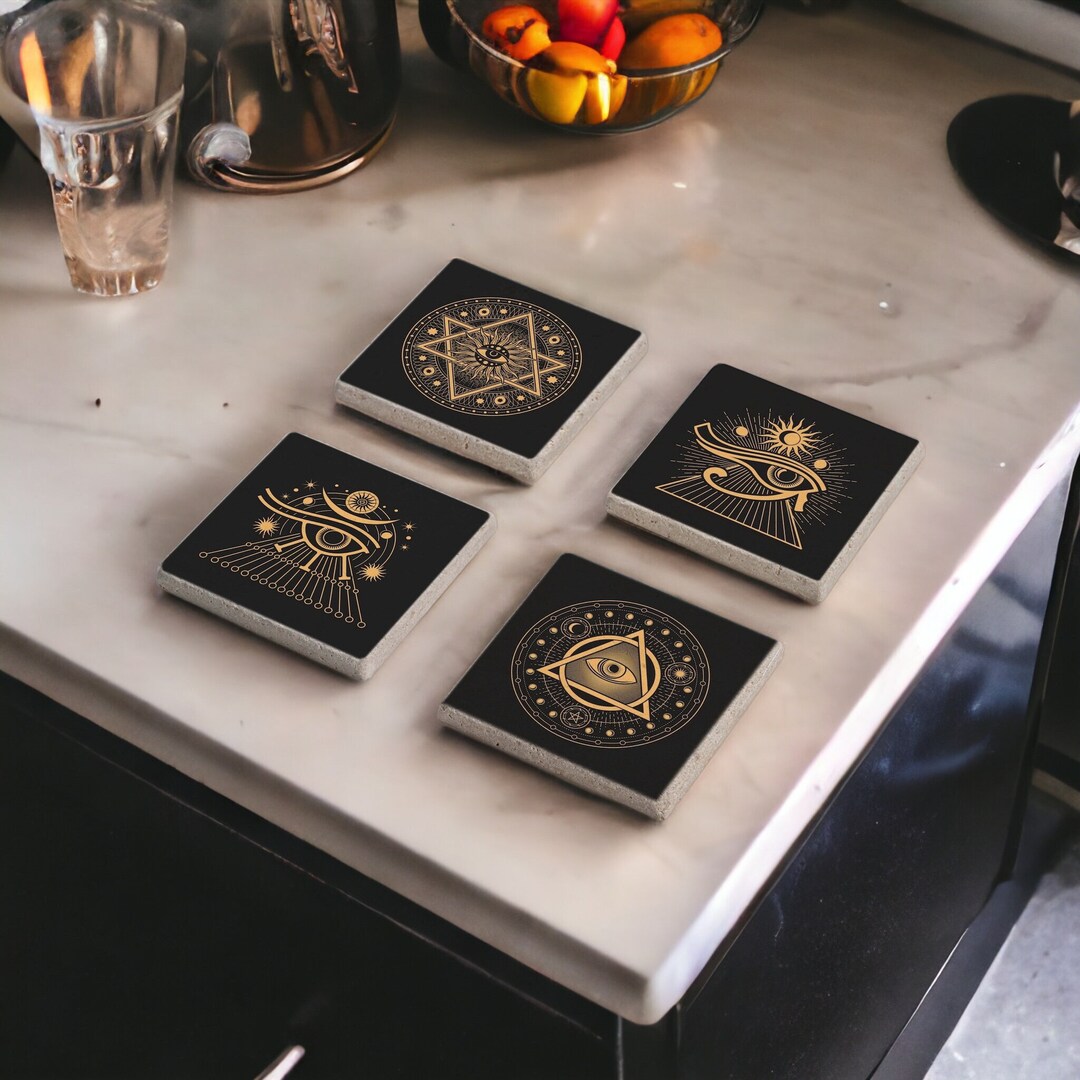 Illuminati All Seeing Eye Stone Coasters Set, Eye of Horus Wood ...