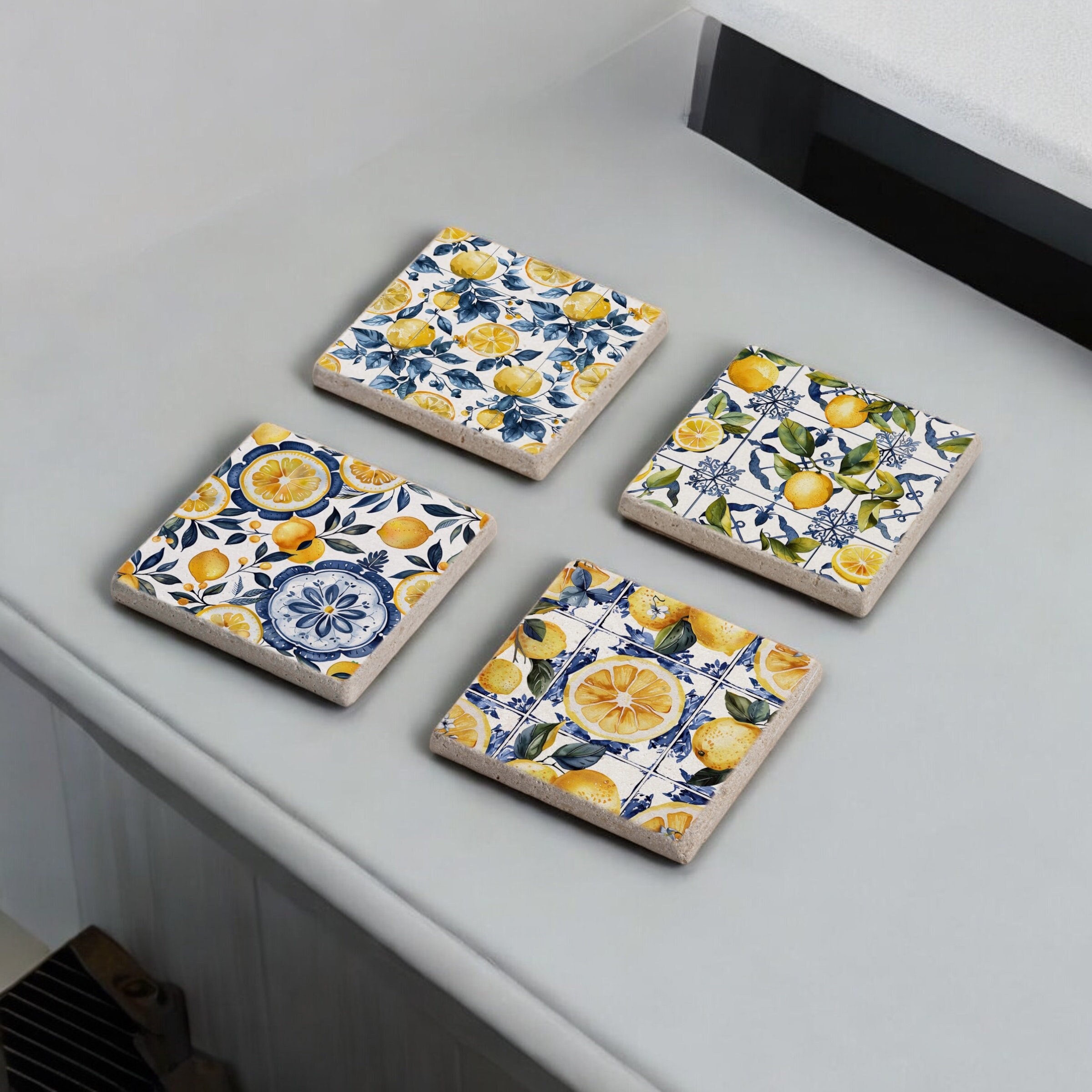 Watercolor Lemon Stone Coasters, Lemon Blossom Coaster Set, Lemon on Blue Tile, Lemon Tile, Floral Lemon Tile Coaster, Lemon Tree on Coaster