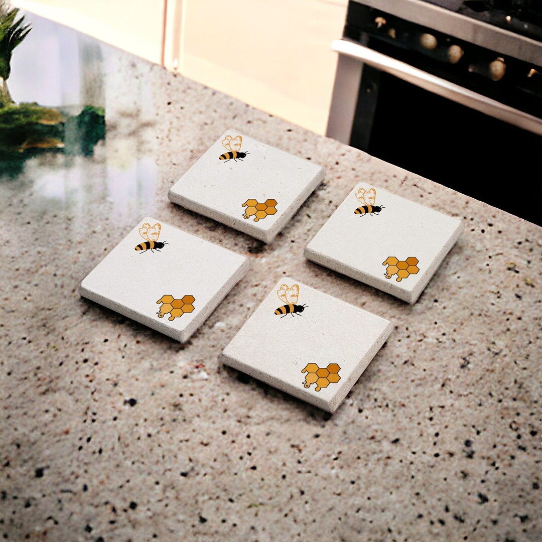 Bee Stone Coaster Set, Bee Home Decor, Animals Lover, Bee Wood Coasters ...