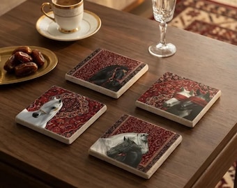 Ethnic Rug Design with Horse Stone Coasters, Vintage Carpet Design with Horse Coasters, Moroccan Tile, Mediterranean Design, Gift for Mother