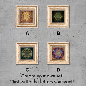 May include: Four framed prints with different geometric designs in gold, green, purple, and orange hues. The prints are labeled A, B, C, and D. The text "Create your own set! Just write the letters you want!" is below the prints.
