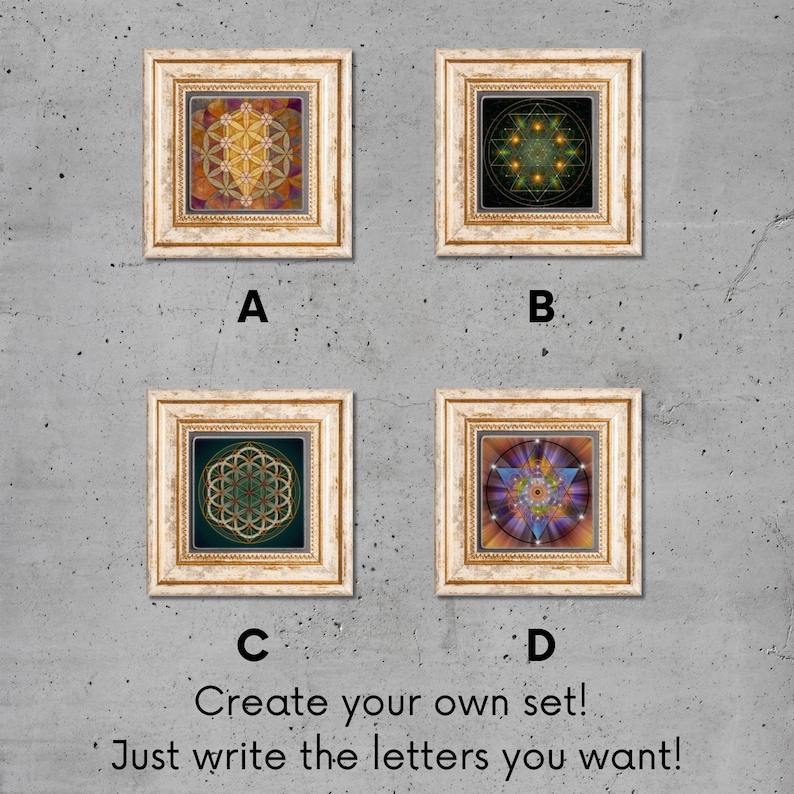 May include: Four framed prints with different geometric designs in gold, green, purple, and orange hues. The prints are labeled A, B, C, and D. The text "Create your own set! Just write the letters you want!" is below the prints.