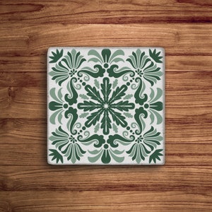 Green Tile Stone Coasters, Mexican Talavera Tile Wood Coasters, Moroccan Tile, Tile Design, Spanish Mediterranean, Tulip Art, Gift for Her image 2