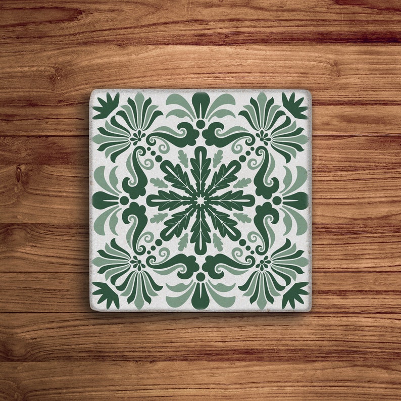 Green Tile Stone Coasters, Mexican Talavera Tile Wood Coasters, Moroccan Tile, Tile Design, Spanish Mediterranean, Tulip Art, Gift for Her image 2