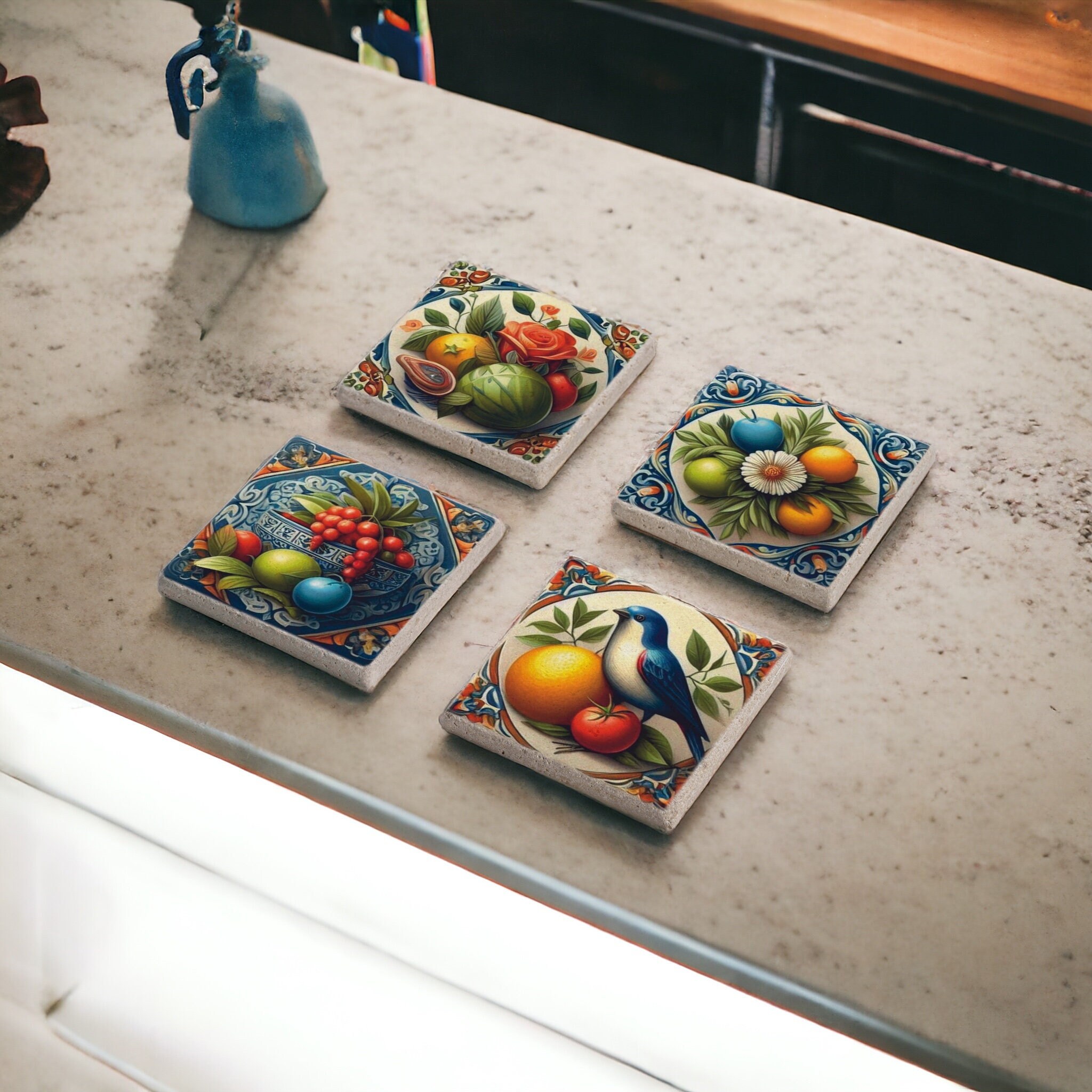 Spanish Talavera Tile Stone and Wood Coaster Set, Moroccan Tile Coaster, Portuguese Azulejo, Tile Design, Mexican Talavera, Spanish Majolica