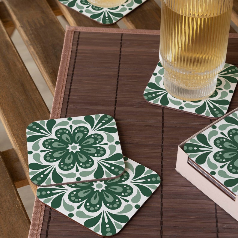 Green Tile Stone Coasters, Mexican Talavera Tile Wood Coasters, Moroccan Tile, Tile Design, Spanish Mediterranean, Tulip Art, Gift for Her image 3