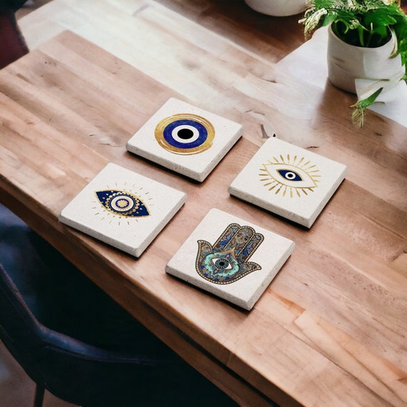 Hand of Fatima, Hamsa Hand Stone Coasters, Evil Eye Coasters Set, Decorative Tile, All Seeing Eye, Good Lucky Coasters, Gift for Her